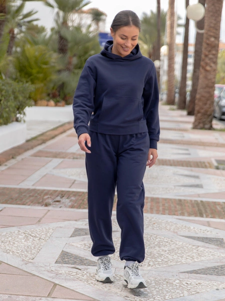 Dresowy bawełniany KOMPLET bluza z kapturem kangurka i spodnie navy blue X550