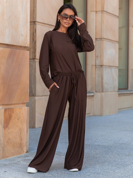 Codzienny komfortowy KOMPLET z wiscozy luźna bluzka z długim rękawem i szerokie spodnie czekoladowy X318
