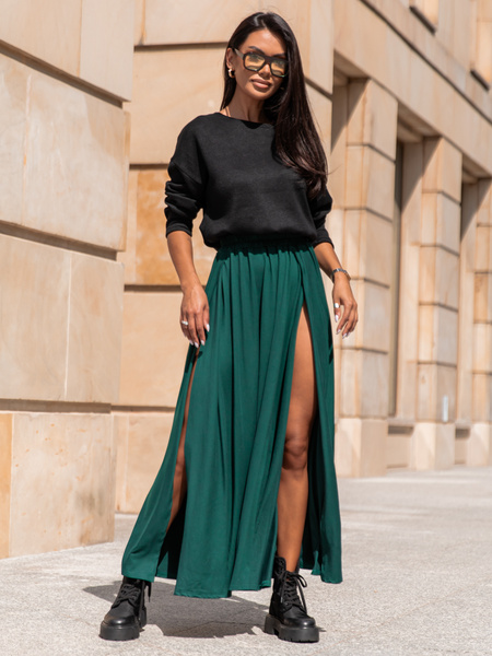 Rozkloszowana maxi SPÓDNICA z rozporkami po bokach zielona X311