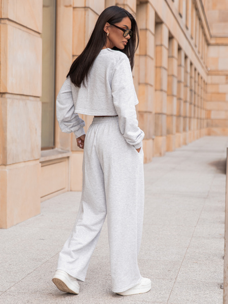 Dresowy bawełniany KOMPLET oversizowa bluzka z długim rękawem i luźne spodnie z szerokimi nagawkami szary melanż X303 k01