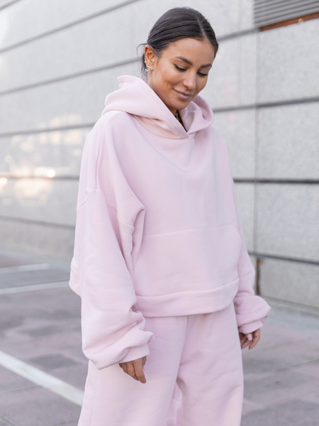 Oversizowa bawełniana BLUZA kangurka z kapturem z prostym ściągaczem z dresu drapanego baby pink X511