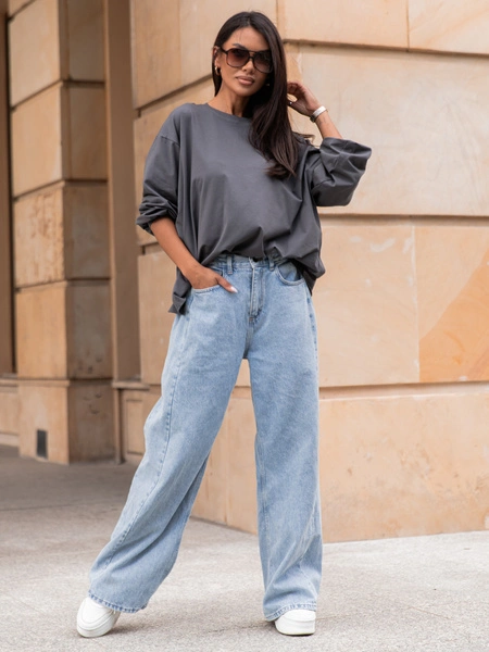 Oversizowy T-SHIRT bluzka z długim rękawem z bawełny grafitowy X313