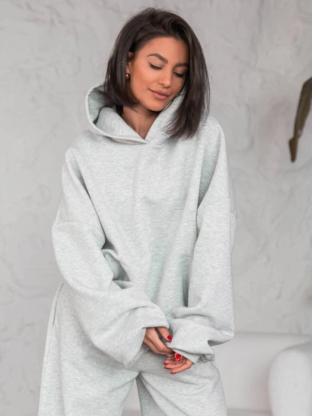 Dresowa bawełniana BLUZA z kapturem oversize szeroka szary melanż E644