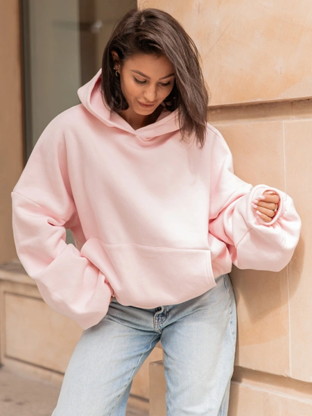 Viralowa Dresowa bawełniana BLUZA z kapturem oversize szeroka baby pink E644
