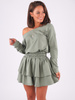Dresowa rozkloszowana sukienka falbanki khaki b211 k01
