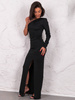 Elegancka maxi SUKIENKA z asymetrycznym dekoltem z jednym długim rękawem czarna E624 k01