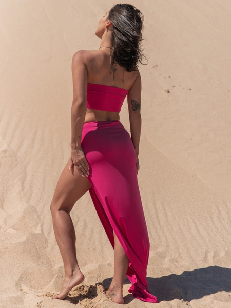 Dopasowany KOMPLET top opaska i maxi spódnica z wycięciem na nogę amarant X132 k01