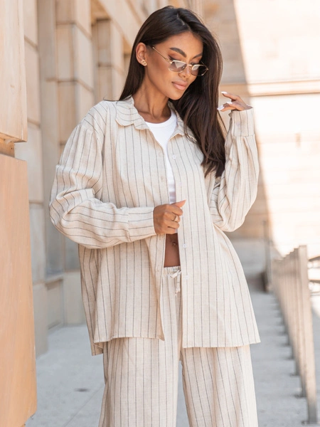 Lniana oversizowa dłuższa KOSZULA beżowa w tenisowy prążek X250 k01