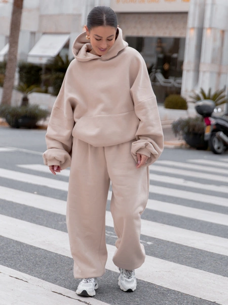 Dresowa bluza z bawełny baggy z kangurką i kapturem beżowa X562