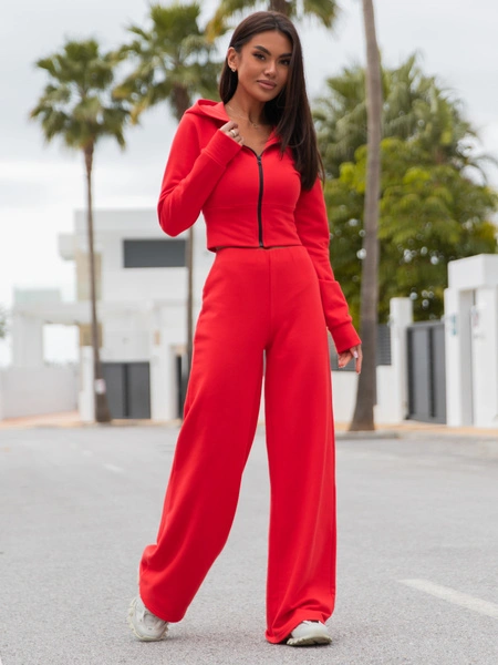 Dresowy bawełniany KOMPLET dopasowana bluza z kapturem i spodnie z poszerzanymi nogawkami koralowy X75 k01