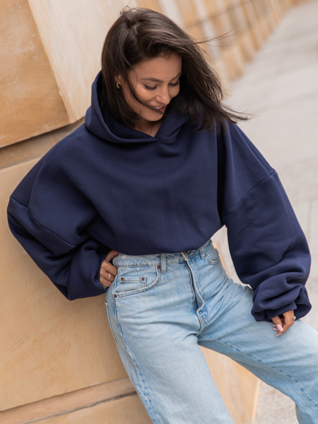 Dresowa bawełniana BLUZA kangurka z kapturem o krótszym kroju bluzowana navy blue X304