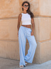 Lniane luźne długie SPODNIE z niższym stanem kolor jeansowy w tenisowy prążek X251 k01