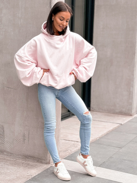 Bawełniana BLUZA z drapanego dresu z kapturem na stójce z kieszeniami kangurka baby pink E1