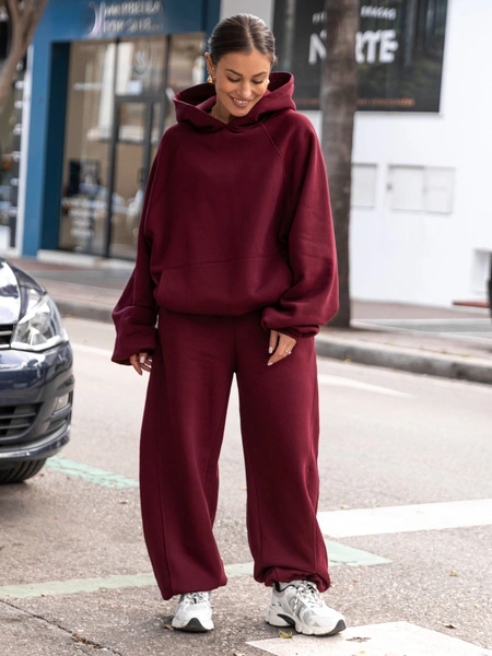 Dresowa bawełniana BLUZA z kapturem oversize z raglanowymi rękawami bordowa X509