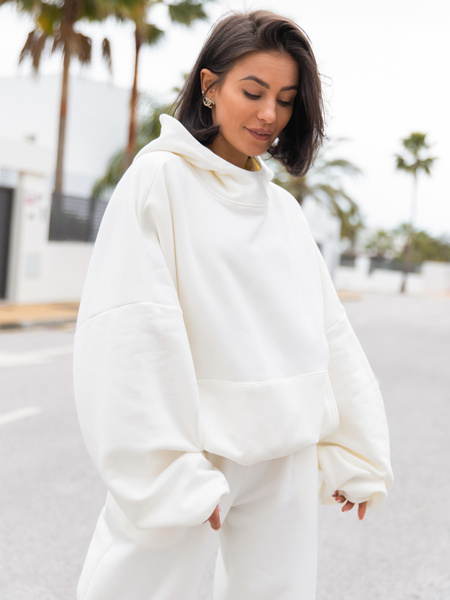 Viralowa Oversizowa BLUZA z kapturem bluzowana kangurka z bawełnianej dresówki ecru X2 k01