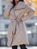 Pikowany płaszcz , długa kurtka z paskiem beżowa 004 k01
