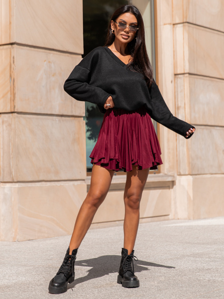 Rozkloszowana mini SPÓDNICA z asymetrycznym dołem bordowa X312