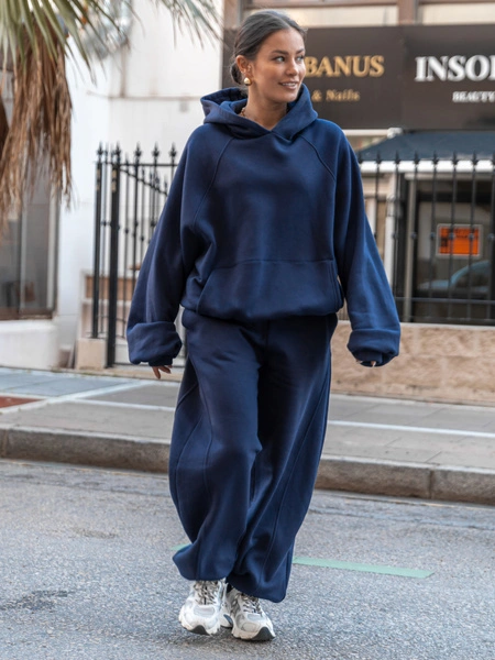 Dresowe bawełniane SPODNIE baggy ze ściągaczami i przeszyciami z dresu drapanego navy blue X510