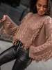 SWETER oversize splot warkoczowy z frędzlami brązowy K275 k01