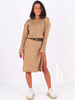 Sweter midi sukienka z rozporkami po bokach camel k07