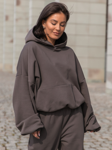 Viralowa Dresowa bawełniana BLUZA z kapturem oversize szeroka dark mokka E644