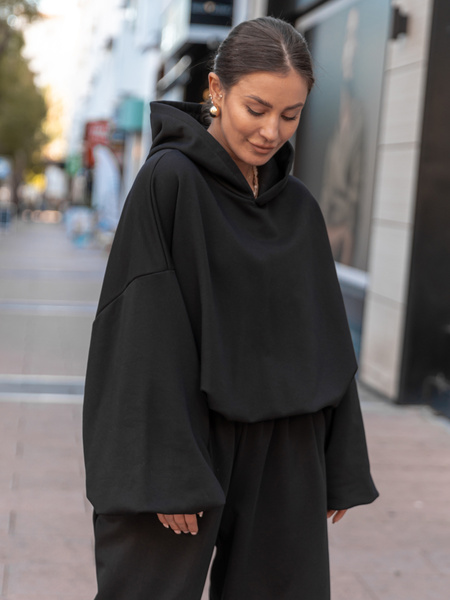 Bawełniana dresowa BLUZA z kapturem oversize z szerokimi rękawami z dresu pętelkowego czarna X515