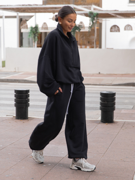 Oversizowe bawełniane SPODNIE dresu drapanego z przeszyciem i ściągaczami czarne X476