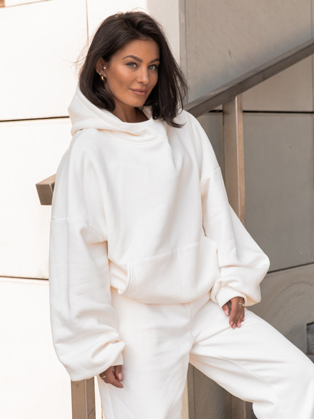 Viralowa Bawełniana BLUZA z drapanego dresu z kapturem na stójce z kieszeniami kangurka ecru E1