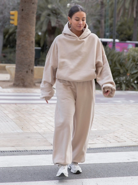 Viralowa Dresowa bawełniana BLUZA z kapturem oversize szeroka beżowa E644