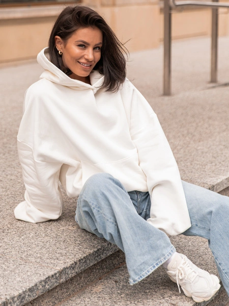 Viralowa Dresowa bawełniana BLUZA z kapturem oversize szeroka ecru E644