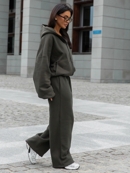 Dresowe bawełniane SPODNIE  z szerokimi nogawkami dark khaki X31