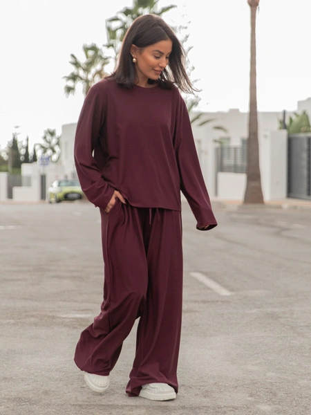 Luźny codzienny KOMPLET z wiscozy oversizowy t-shirt i luźne spodnie śliwkowy X475