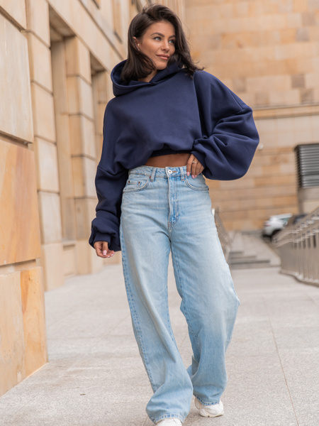 Dresowa bawełniana BLUZA kangurka z kapturem o krótszym kroju bluzowana navy blue X304