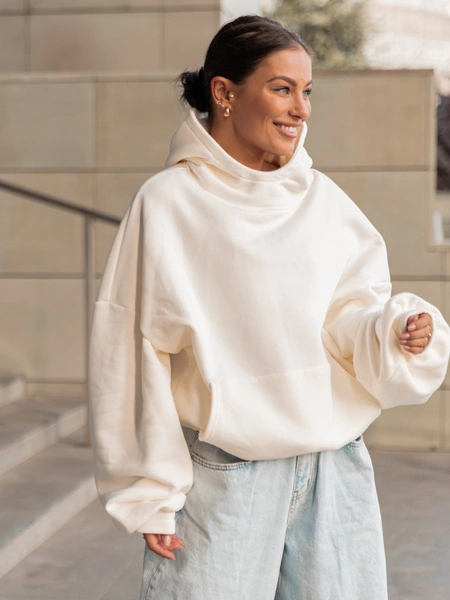 Viralowa Bawełniana BLUZA z drapanego dresu z kapturem na stójce z kieszeniami kangurka ecru E1