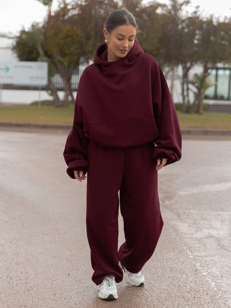 Dresowe bawełniane SPODNIE baggy bordowe E643