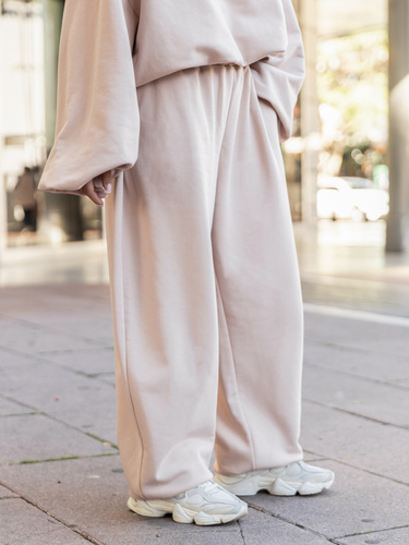 Bawełniane dresowe SPODNIE oversize baggy ze ściągaczami z dresówki pętelkowej beżowe X516