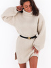 Swetrowa sukienka z golfem prążkowy gruby splot beżowa k258
