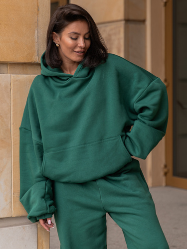 Viralowa Dresowa bawełniana BLUZA z kapturem oversize szeroka butelkowa zieleń E644 k01