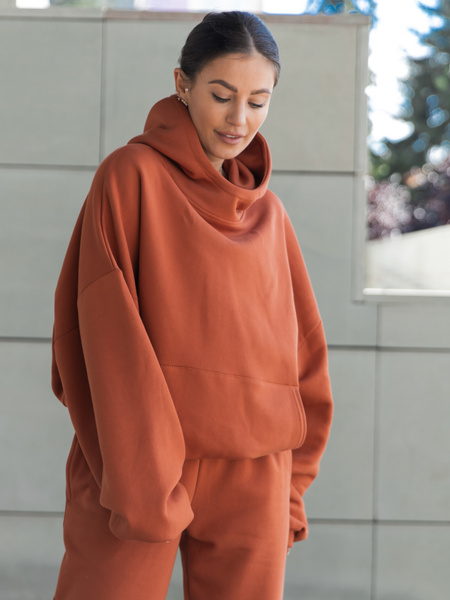 Viralowa Bawełniana BLUZA z drapanego dresu z kapturem na stójce z kieszeniami kangurka pumpkin orange E1