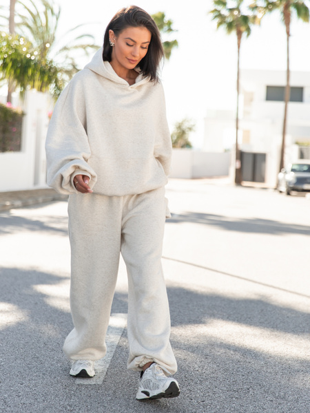 Viralowa Dresowa bawełniana z lnem BLUZA z kapturem oversize szeroka beż melanż E644 k01