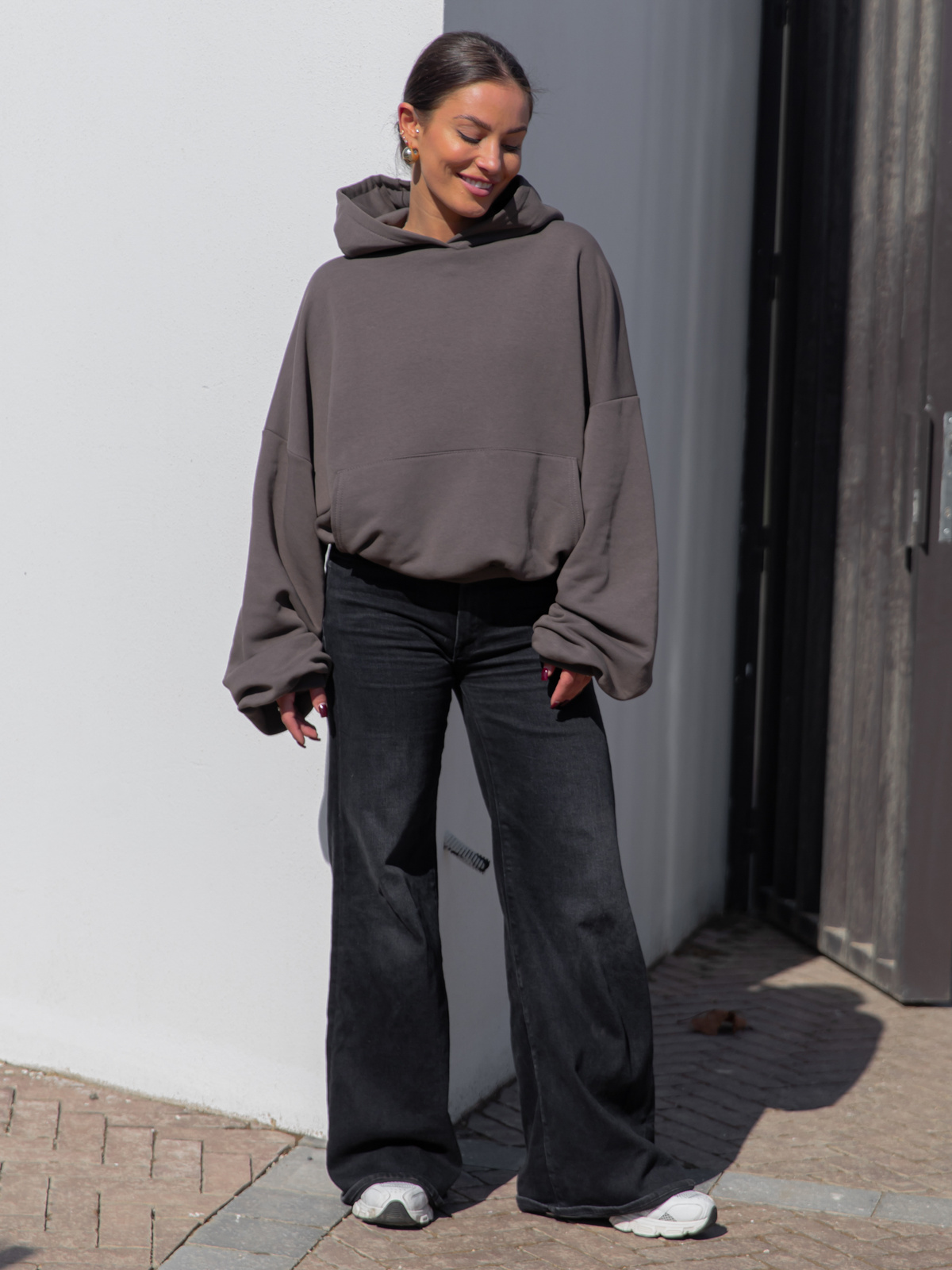 Viralowa Dresowa bawełniana BLUZA z kapturem oversize szeroka dark mokka E644