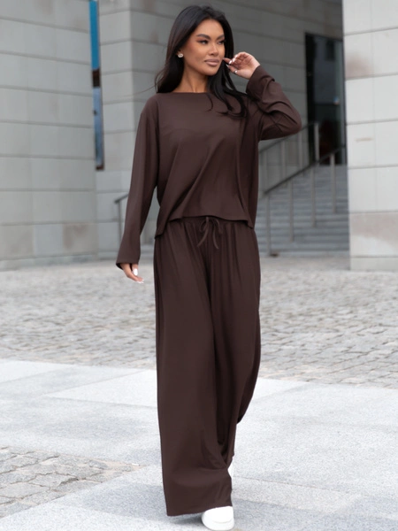 Wiscozowy luźny szeroki T-SHIRT z długim rękawem brązowy X415