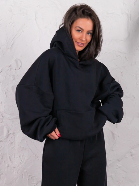 Dresowa bawełniana BLUZA z kapturem oversize szeroka czarna E644
