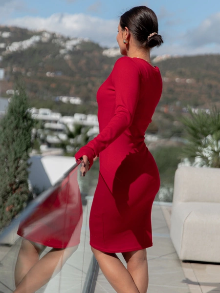 Bawełniana obcisła SUKIENKA midi z prążka basic czerwona X459 k01