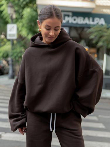 Oversizowa bawełniana BLUZA z dresu drapanego z kapturem dark chocolate X478