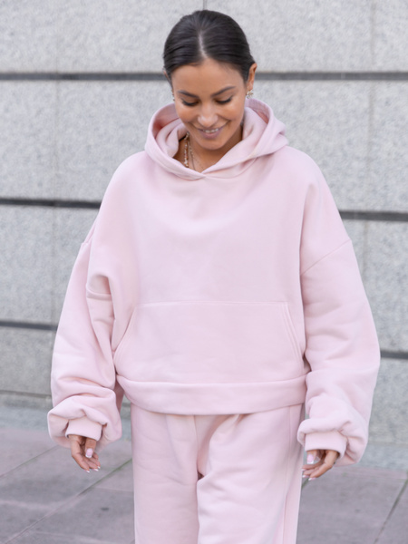 Oversizowa bawełniana BLUZA kangurka z kapturem z prostym ściągaczem z dresu drapanego baby pink X511
