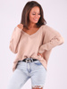 SWETER Z DEKOLTEM V OVERSIZE beżowy B189 k01