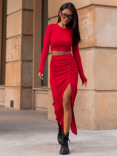 Elegancki KOMPLET bluzka z długim rękawem i spódnica maxi drapowana czerwony X317