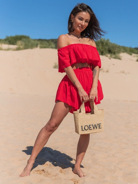 KOMPLET bluzka hiszpanka z odkrytymi ramionami i asymetryczne spódnico spodenki ze zwiewnej tkaniny czerwony X123 k01