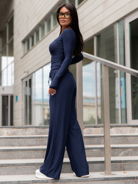Wiskozowy KOMPLET dopasowana bluzka z długim rękawem i luźne spodnie navy blue E351